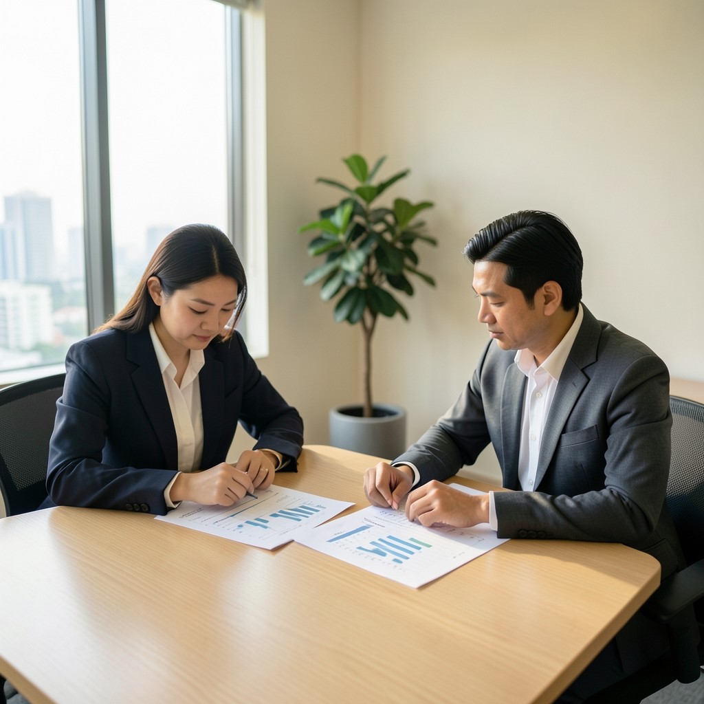 Analyst reviewing printed spend charts with a sourcing manager in a bright Bangkok meeting room