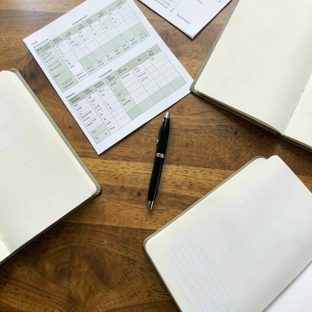 Printed category charts arranged on a wooden table beside notebooks in a calm office